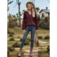 thumbnail image 3 of Womens Long Sleeve T-Shirts Deep V Neck Blouse Dressy Casual 2025 Fashion Loose Soft Fall Winter Clothes Wine Red XXL, 3 of 8