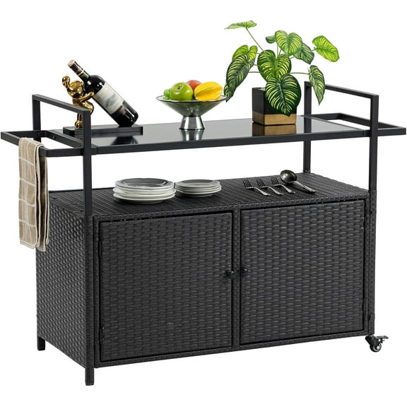 Outdoor Wicker Grill Serving Cart with Glass Top - Rolling BBQ Prep Station with Wheels & Storage