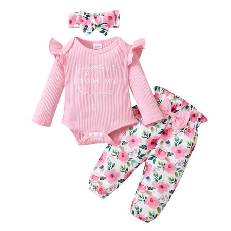 

Kucnuzki 9 Months Baby Girl Fall-Winter Outfits Pants Sets 12 Months Long Sleeve Letter Prints Pit Stripe Romper Tops Elastic Rose Prints Pants Headband 3PCS Set Pink