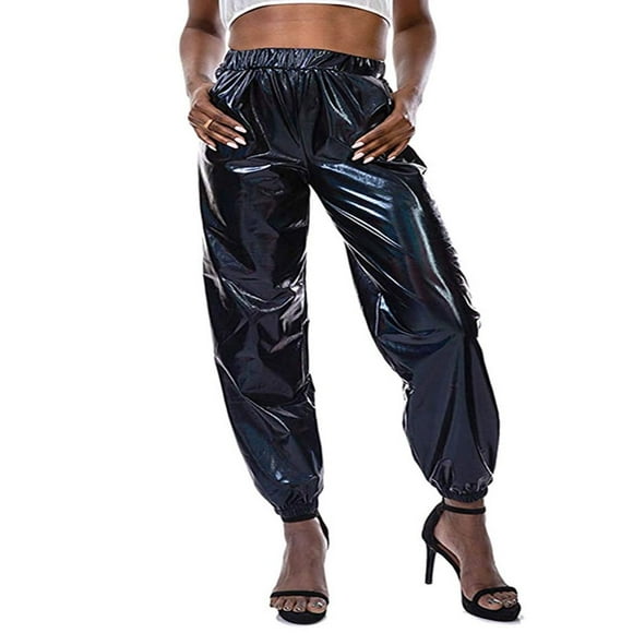 Women Metallic Shiny Jogger Trousers Casual High Waist Holographic Color Cargo Pants Plus Size