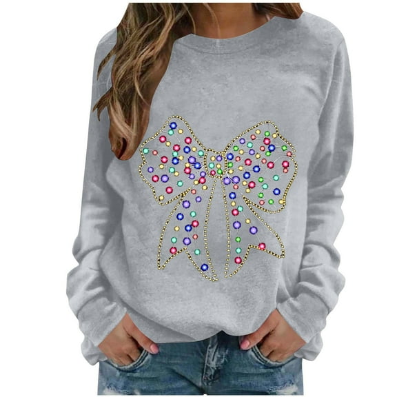Women Christmas Shirt Casual Long Sleeve Comfy Round Neck Light Up Bowknot Xmas Party Blouse Tee Tops Trendy 2025