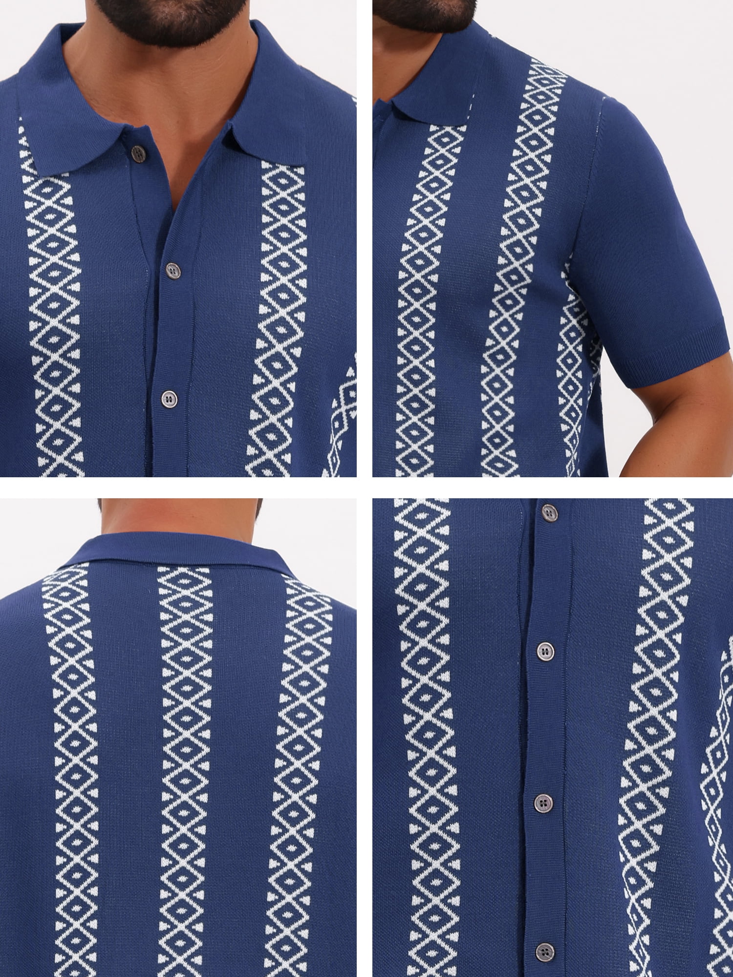 DARING DIVA Men's Jacquard Short Sleeve Button Down Knitted Golf Polo Shirts L Navy Blue