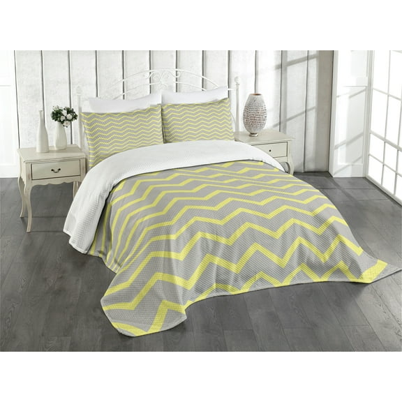 Ambesonne Modern Quilted Bedspread Set 3 Pcs, Yellow Grey Zig Zag, Queen Size, Pale Grey and Mustard