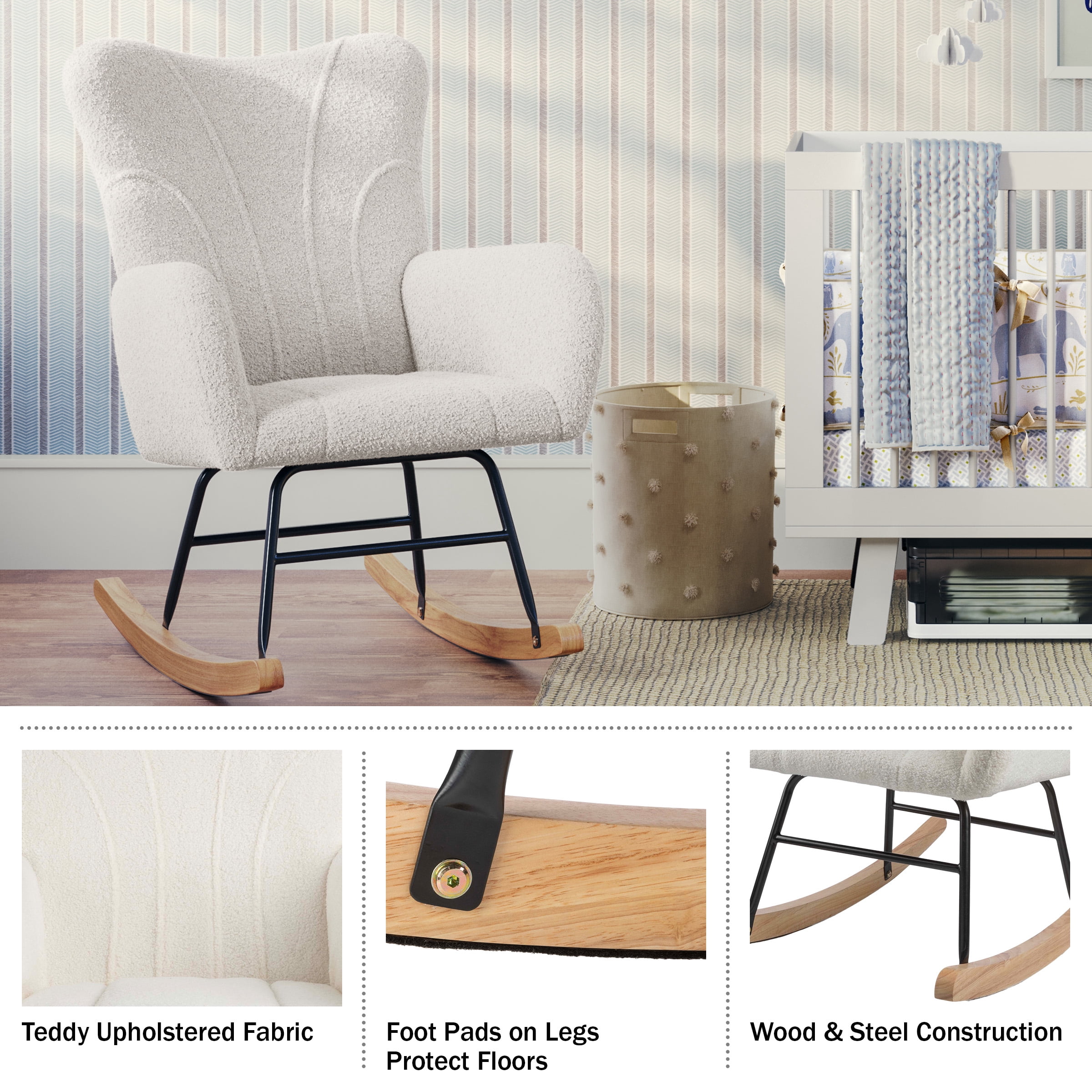 Lavish Home Teddy Upholstered Rocking Chair for Bedroom (Cream)
