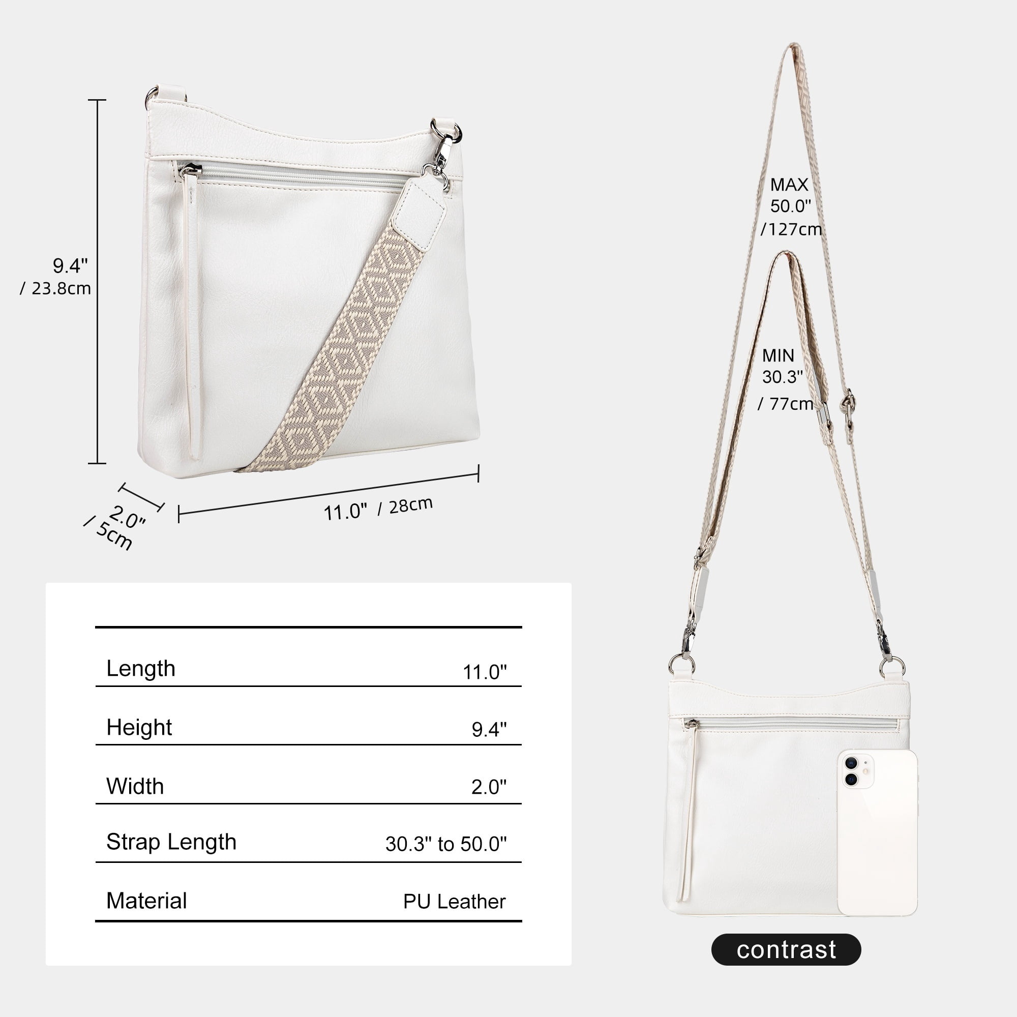 Women's Soft Vegan Leather Crossbody Bag, 2 Interchangeable Straps, Multi-Pocket Spacious Shoulder Purse for Commute, Work, Travel, Shopping & Daily Use, White
