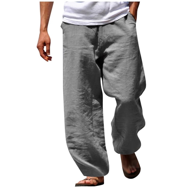 Admvng Linen Pants Men Solid Color Elastic Waist Drawstring Breathable Loose Beach Trousers with Zipper M-3XL