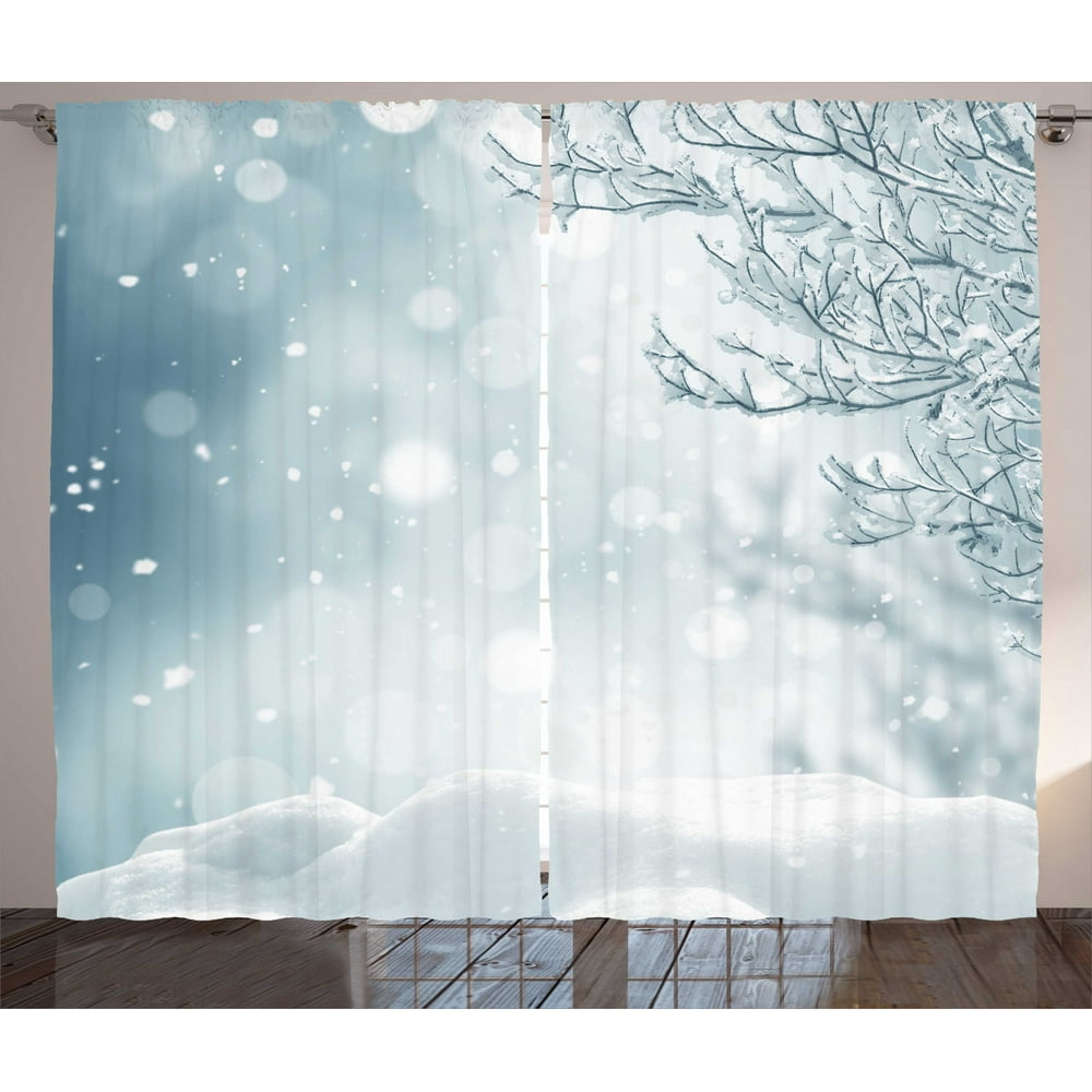 Winter Curtains 2 Panels Set, Christmas Image Snow and Frosted Tree