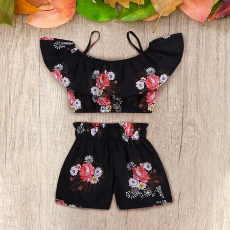 

Synpos Toddler Baby Girls Suspenders Floral Ruffled Tops Shorts Set Girl Clothes Set Casual Suit for 1-2 Years Girls