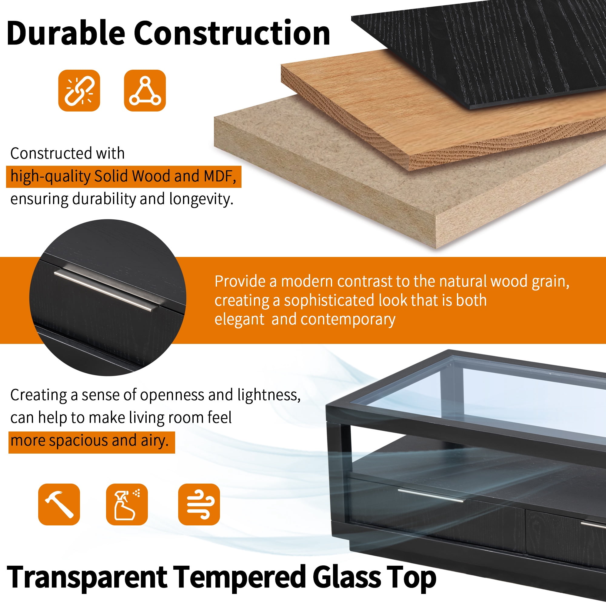 PORKISS Black Coffee Table, Wood Display End Table with 2 Drawers, Modern Center Table with Tempered Glass Table Top and Open Shelf for Living Room, Black