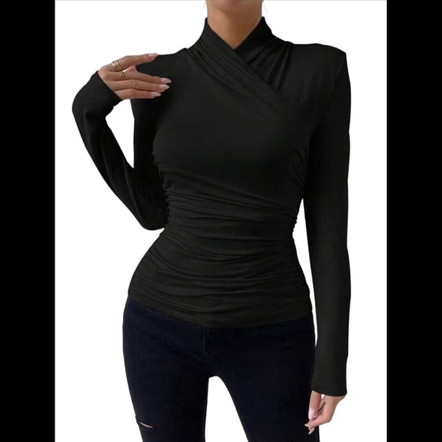 Camiseta de Larga con Cuello Alto Fruncido para Mujer, Camiseta y Ajustada Negro S
