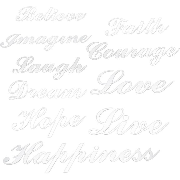 Acrylic Mirror Wall Stickers with Adhesive Back Word Love Live Laugh Silver 75~97x35~230x0.8mm 37pcs/set.