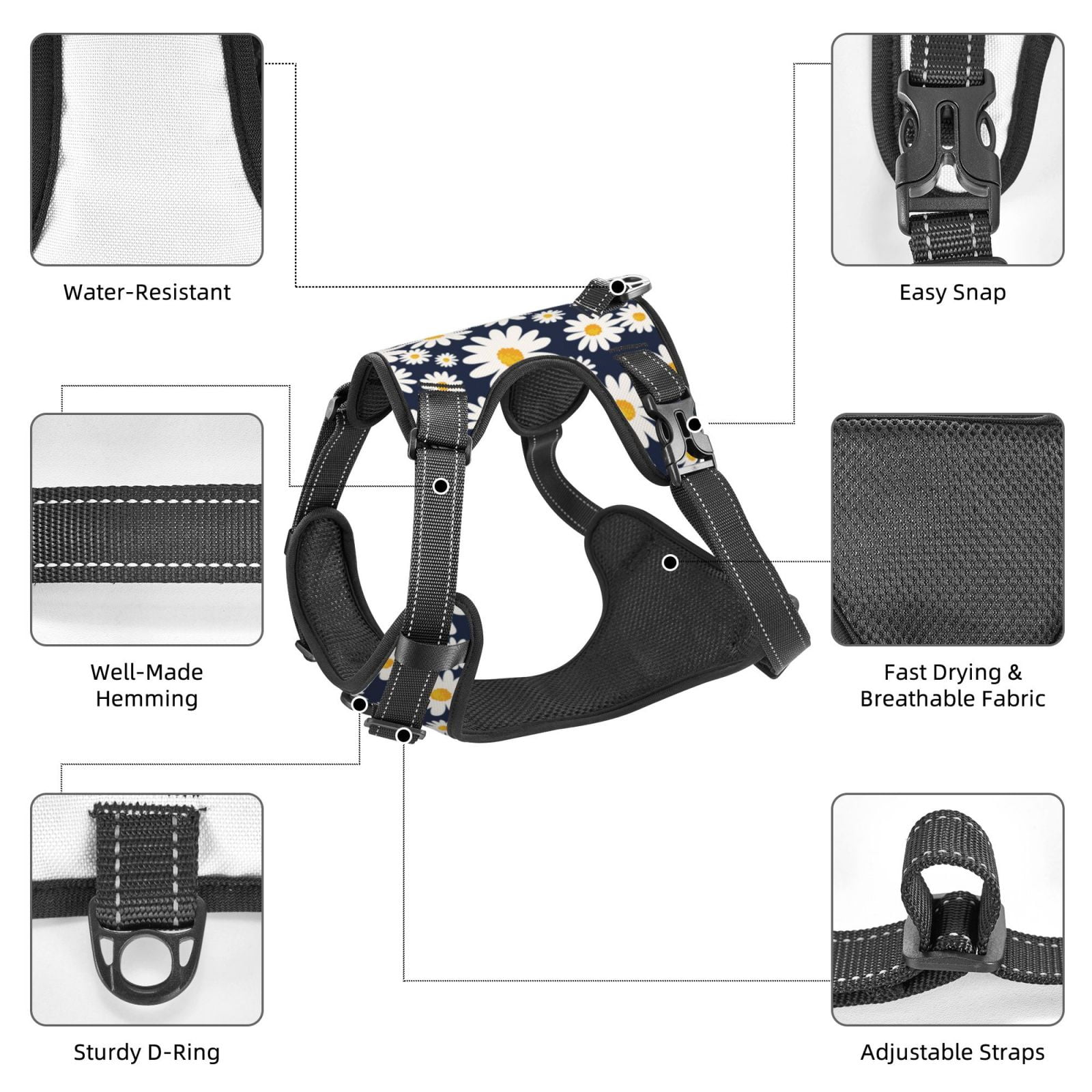 Kdxio Daisy Floral Print No Pull Dog Harness Adjustable Reflective Oxford Easy Control Medium Large Dog Harness for Training and Everyday-Medium