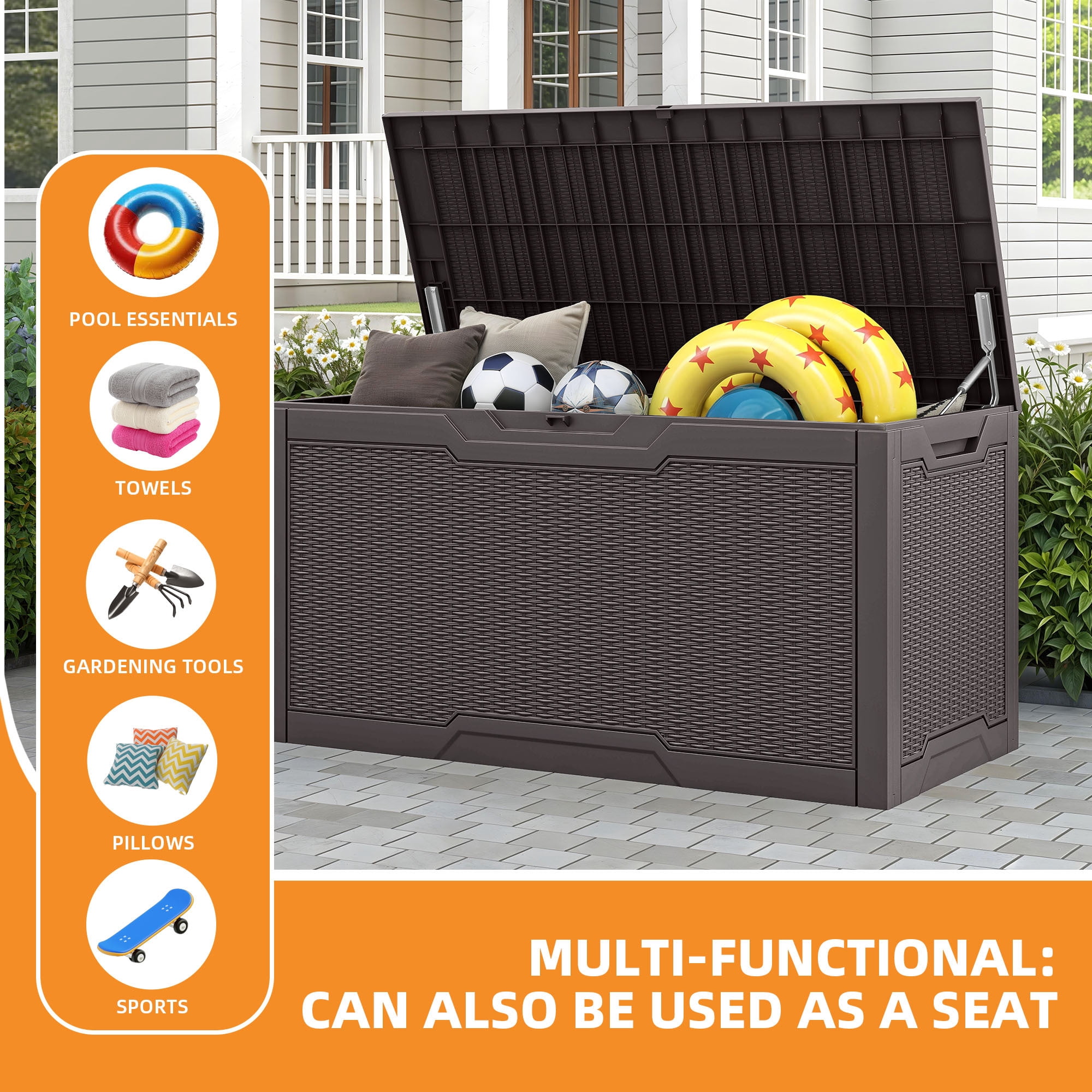 Uforic 100 Gallon Resin Deck Box, Weather Resistant Lockable Outdoor Storage Box for Patio Supplies and Daily Essentials, Dark Brown