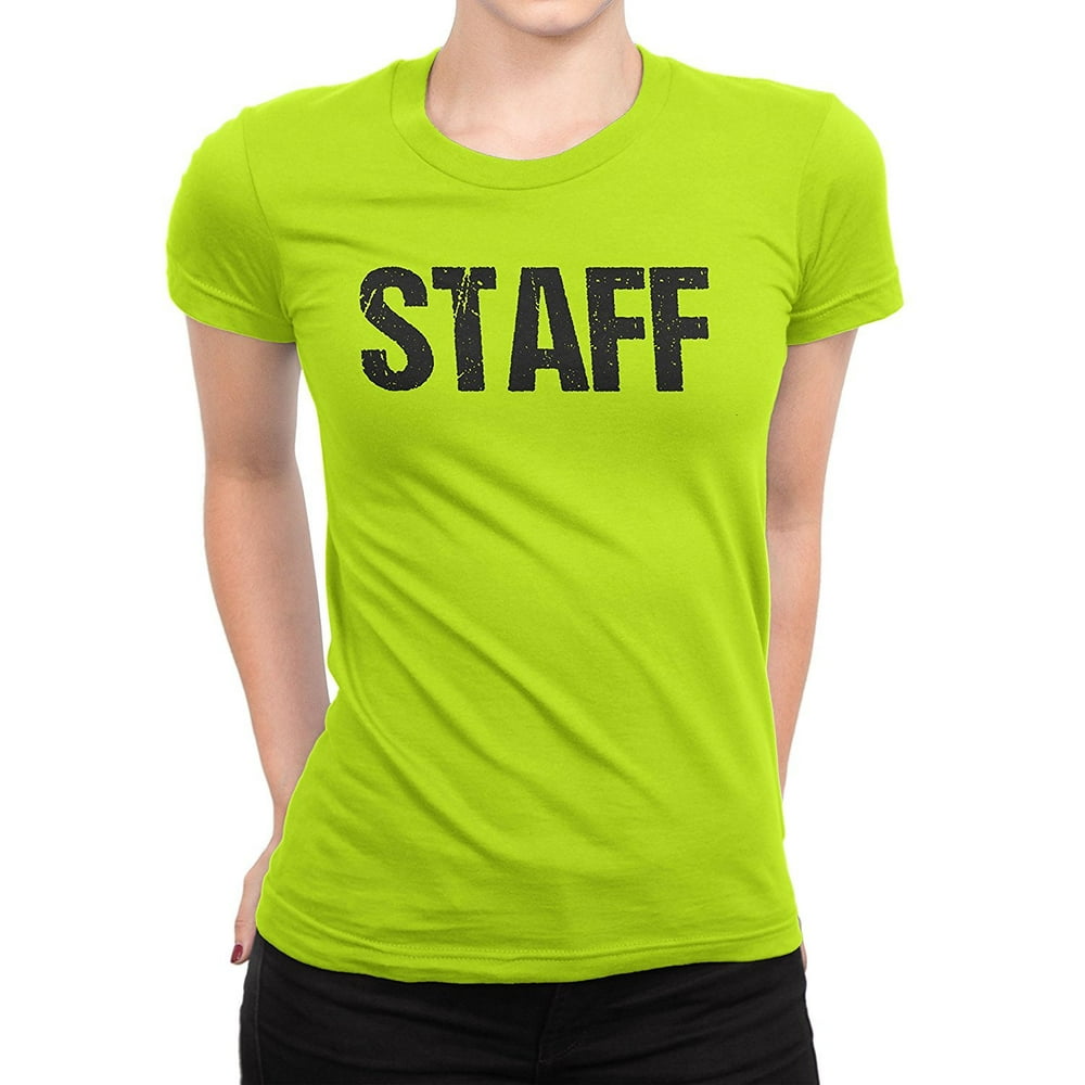 NYC Factory Ladies Neon Yellow Safety Green Staff TShirt Front and