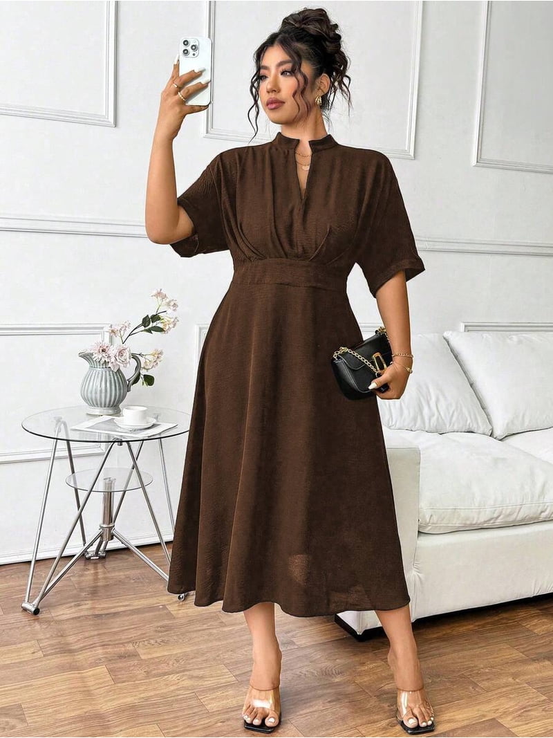 Brown Plus Size Women Elegant Casual Office Pleated Mid-Length Elastic Waist Loose V-Neck Short Sleeve Dress