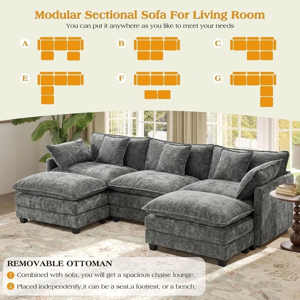 Howcool Cloud Couch Modular Sectional Sofa 3 Seat 113" U Shaped Convertible Couch Chenille Thick Cushion with Ottoman, Removable & Washable Cover for Living Room, Grey