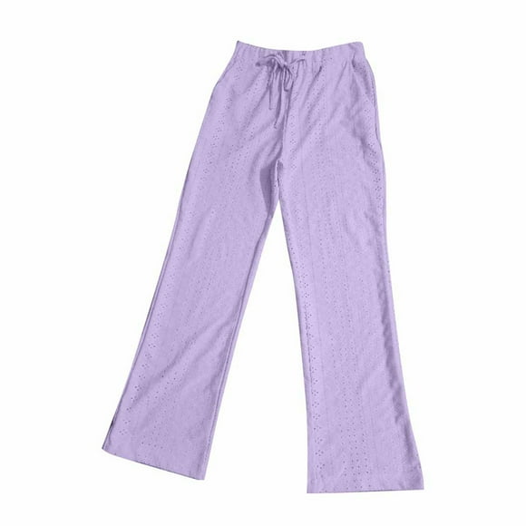 TJAZFJPA Women's Pants Plus Size Elastic Waist Women's Casual Drawstring Solid Color Hollow Fashion Straight Leg Pants Womens Slacks Petite Casual Purple Sweatpants