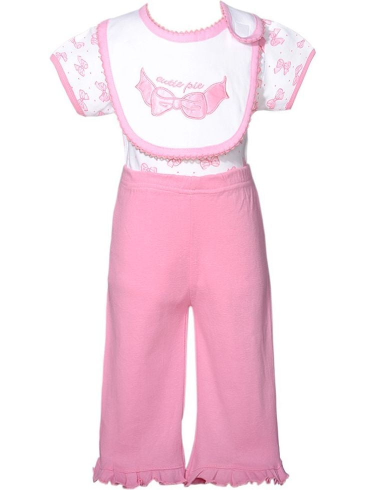 Mon Cheri White Pink Cutie Pie Bow 3 Pc Layette Bib Set Baby Girl 0-3M by Consolidated Clothiers