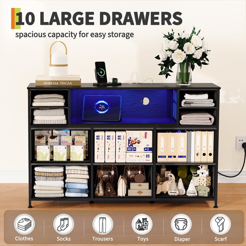 TROPOW 10 Fabric Drawers Dresser with LED Lights, Entertainment Center with Charging Station, Wood Top, Open Shelves, TV Stand for 40"-55" TV, Chest of Drawers for Bedroom Living Room Hallway