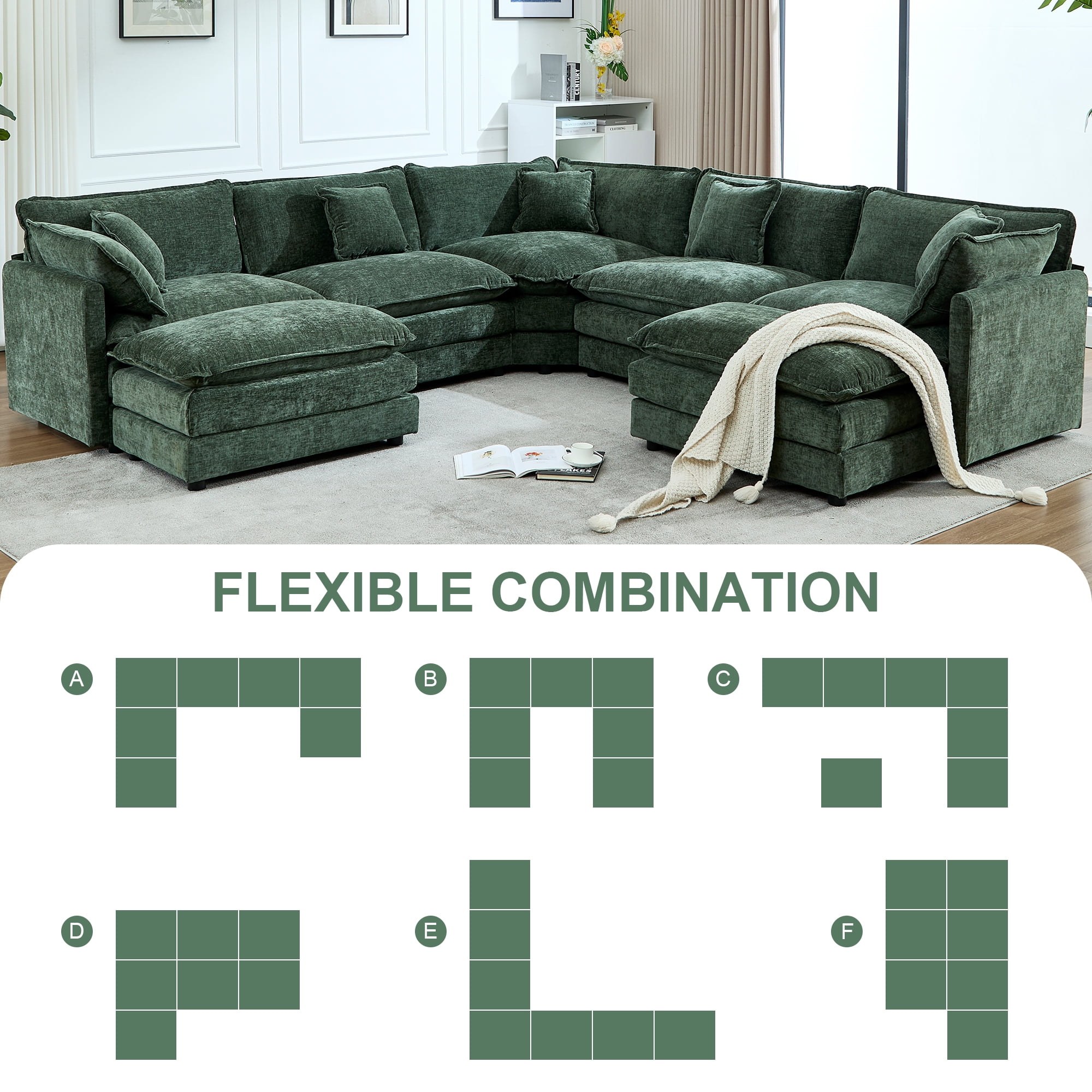 GNIXUU 113.4 " U-Shaped Cloud Couch ,Oversized Sectional Sofa with 2 Ottomans,Modern Chenille Deep Seat Modular 7-Seater Corner Couches for Living Room, Office,Green