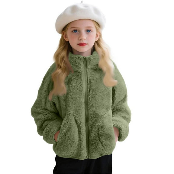 Grblisyd Fleece Jackets for Girls Zip Up Oversized Jacket Windproof Stand Collar Fleece Jacket Polar Fleece Winter Warm Outwear Girls Jackets Size 7-8 Army Green 2-3 Years