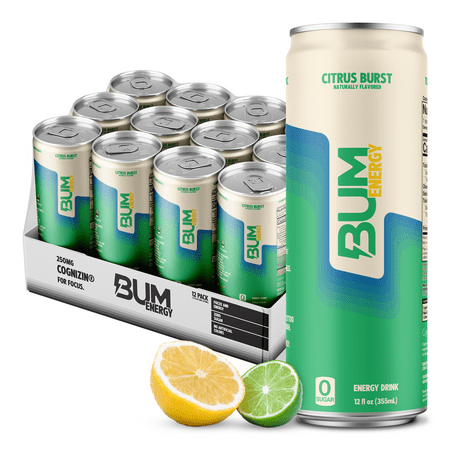 Bum Energy Citrus Burst Energy Drink, 112 mg Natural Caffeine, 12 fl oz, 12 Pack