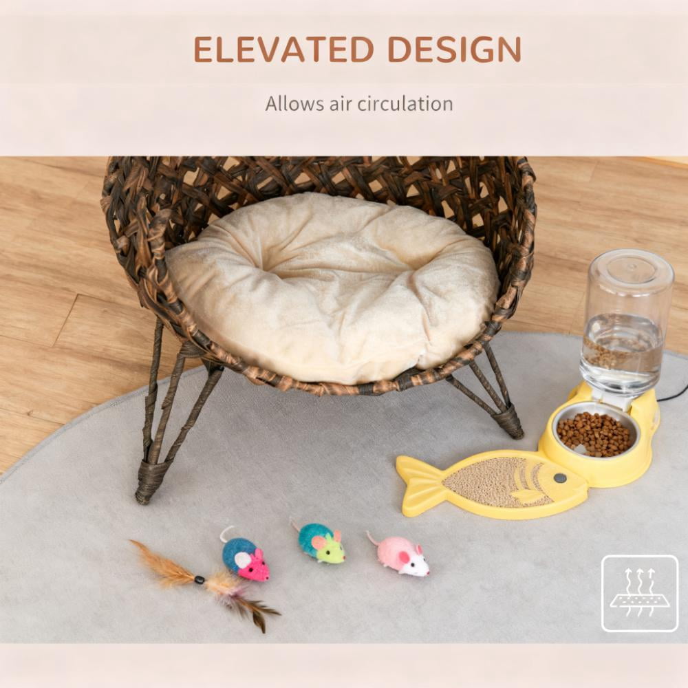 Elevated Hand-Woven Banana Leaf Cat House, Brown Wicker Cat Condo with Soft Cushion, Metal Tripod Base, Ventilated Enclosed Cat Bed for Cats Under 11 lbs