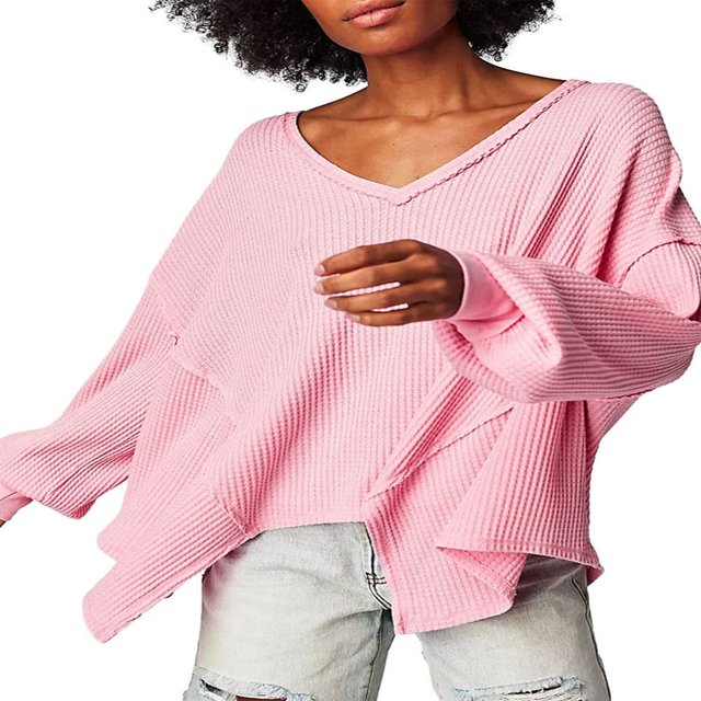 Women Long Sleeve T-Shirts Solid Color Dropped Shoulders V-Neck Waffle Shirts Spring Fall Loose Fit Tops Streetwear