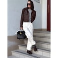 thumbnail image 4 of Women Leather Jacket Fall Clothes Long Sleeve Button Down Winter Coats Oversized Motorcycle Outwear Dark Brown S, 4 of 9