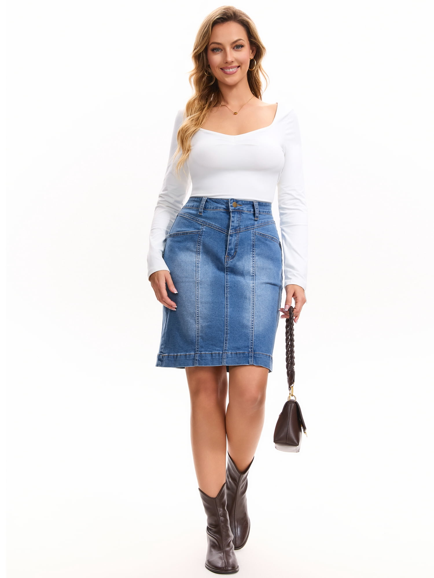 DARING DIVA Women's Denim Pencil Knee Length Stretchy Fit Skirt L Sky Blue