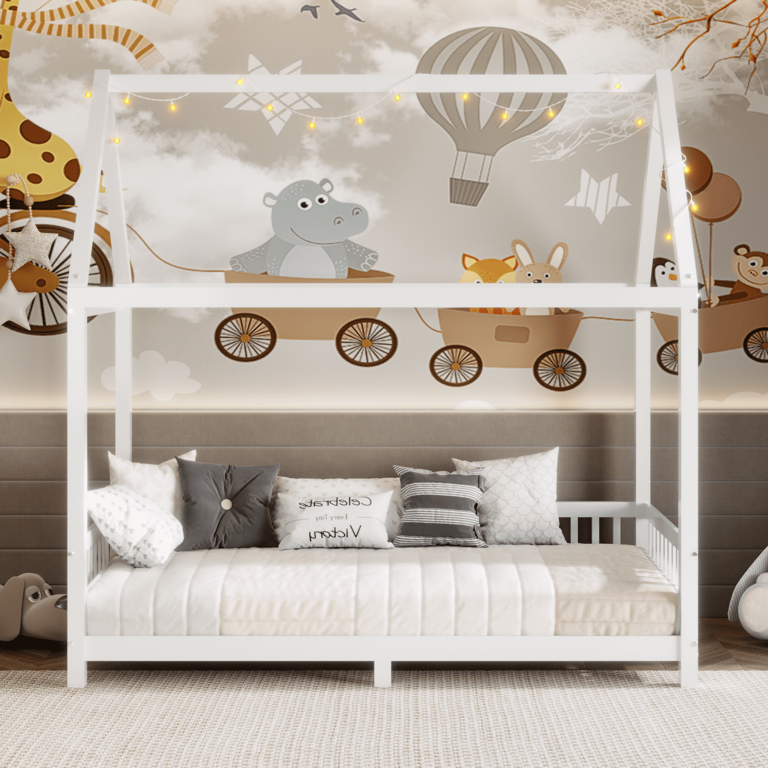 Harper & Bright Designs Wood House Bed Twin Size Floor Bed with Fence, Twin Montessori Bed Frame with LED Light for Girls & Boys, White