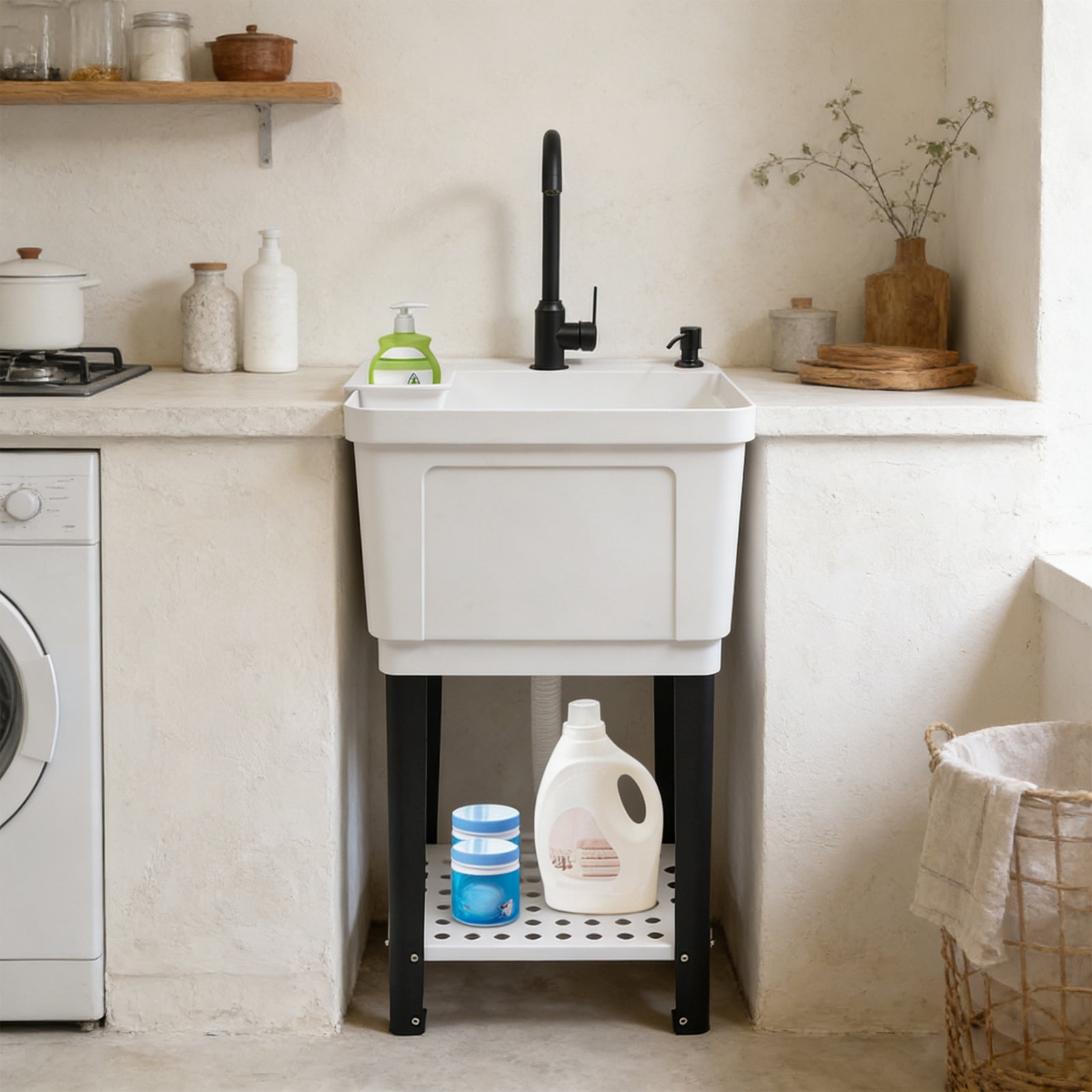 Freestanding Laundry Sink with Faucet, White Utility Sink With Soap Dispenser & Bottom Storage Rack, for Laundry Room Balcony, Garage & Pet Bathing