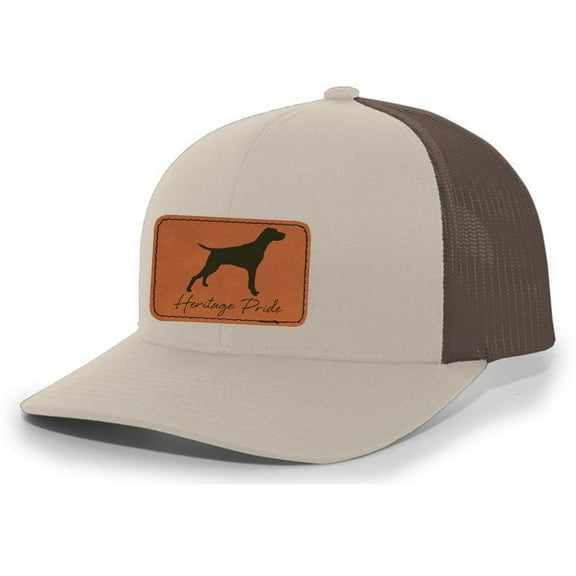 Heritage Pride Canine Collection German Pointer Bird Dog Mens Hunting Engraved Leather Patch Mesh Back Trucker Hat, Khaki/Brown