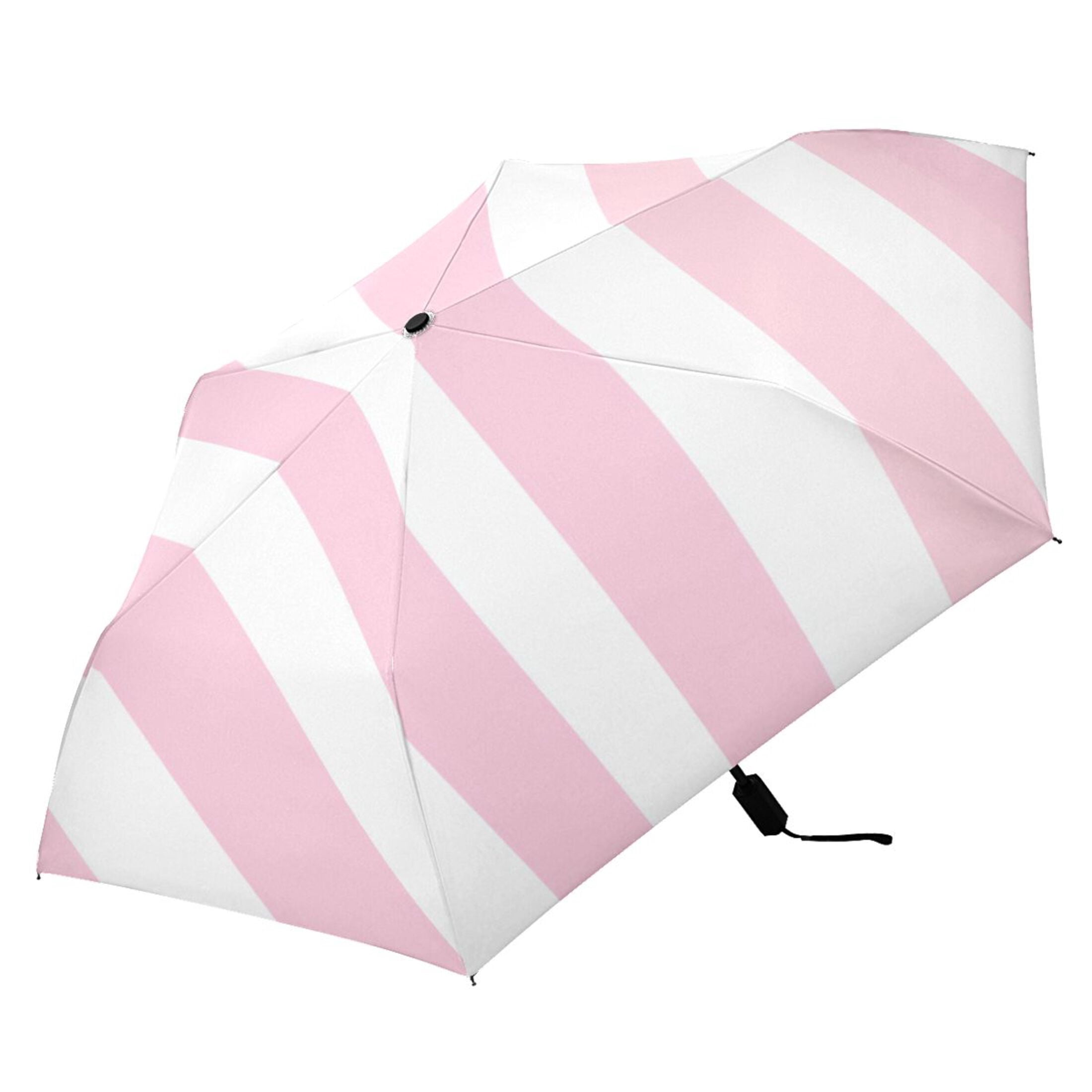 Compact Sun Umbrella Windproof Travel Umbrellas for Rain Strong Portable UV Protection Pale Pink and White Striped