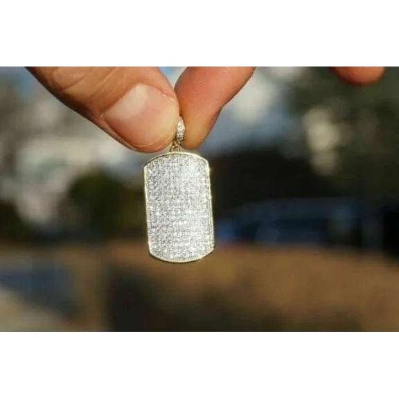 14k Yellow Gold Plated 2Ct Round Cut Lab Created White Diamond Men's Dog Tag Charm Pendant