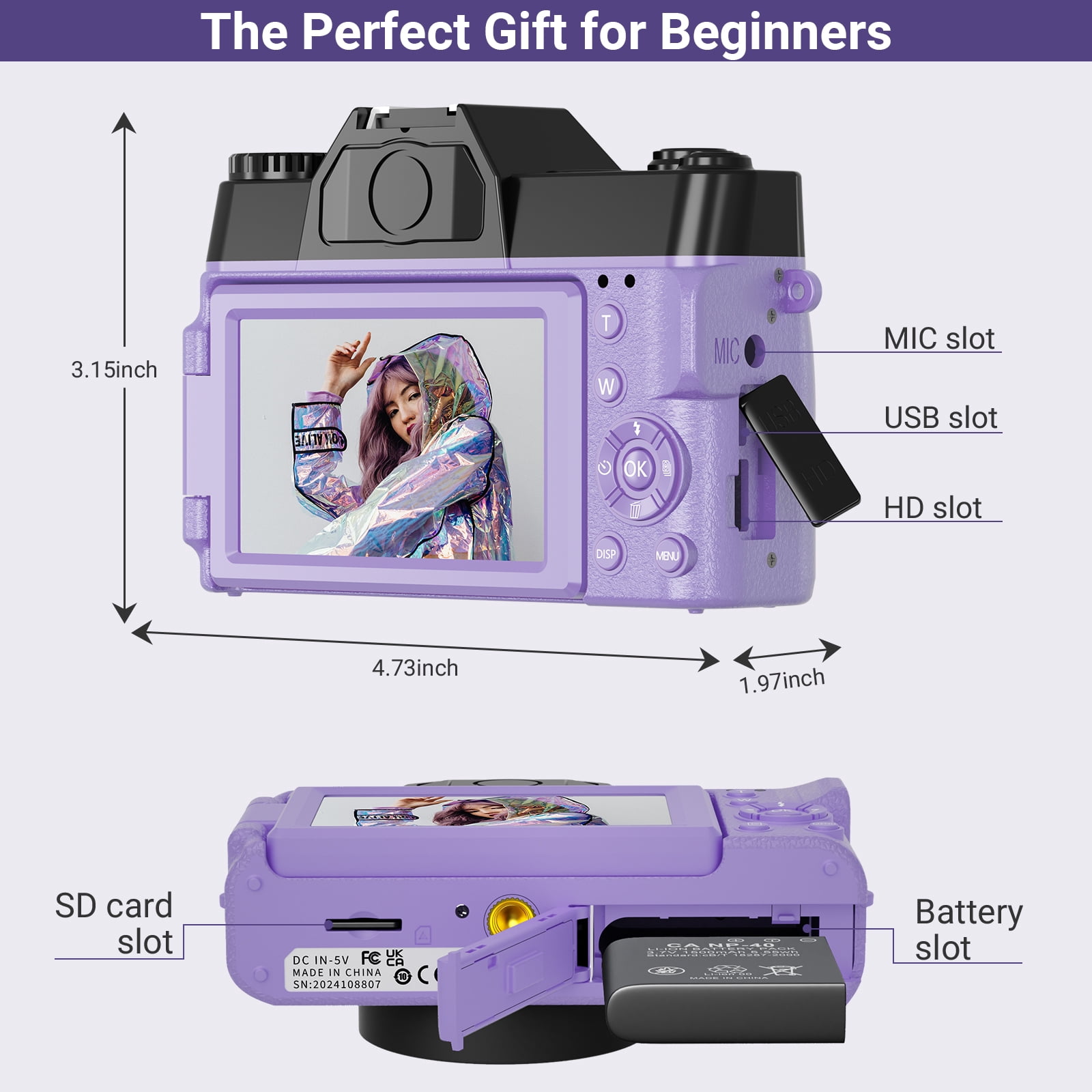 Saneen Digital Camera 6K 64MP Wifi Vlogging Cameras for YouTube 3''180° Flip Screen 16X Zoom 32GB SD Card 52mm Lens Purple