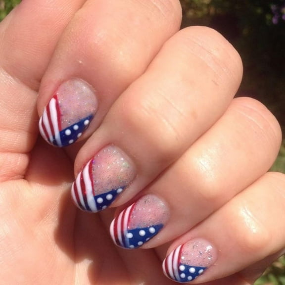 American Independence Day Press on Nails Flag Glitter Fake Nails French Tips Glue on Nails False Nails with Glitter Star American Flag Design Sparkly Short Square Press on Nails Stick on Nails Women