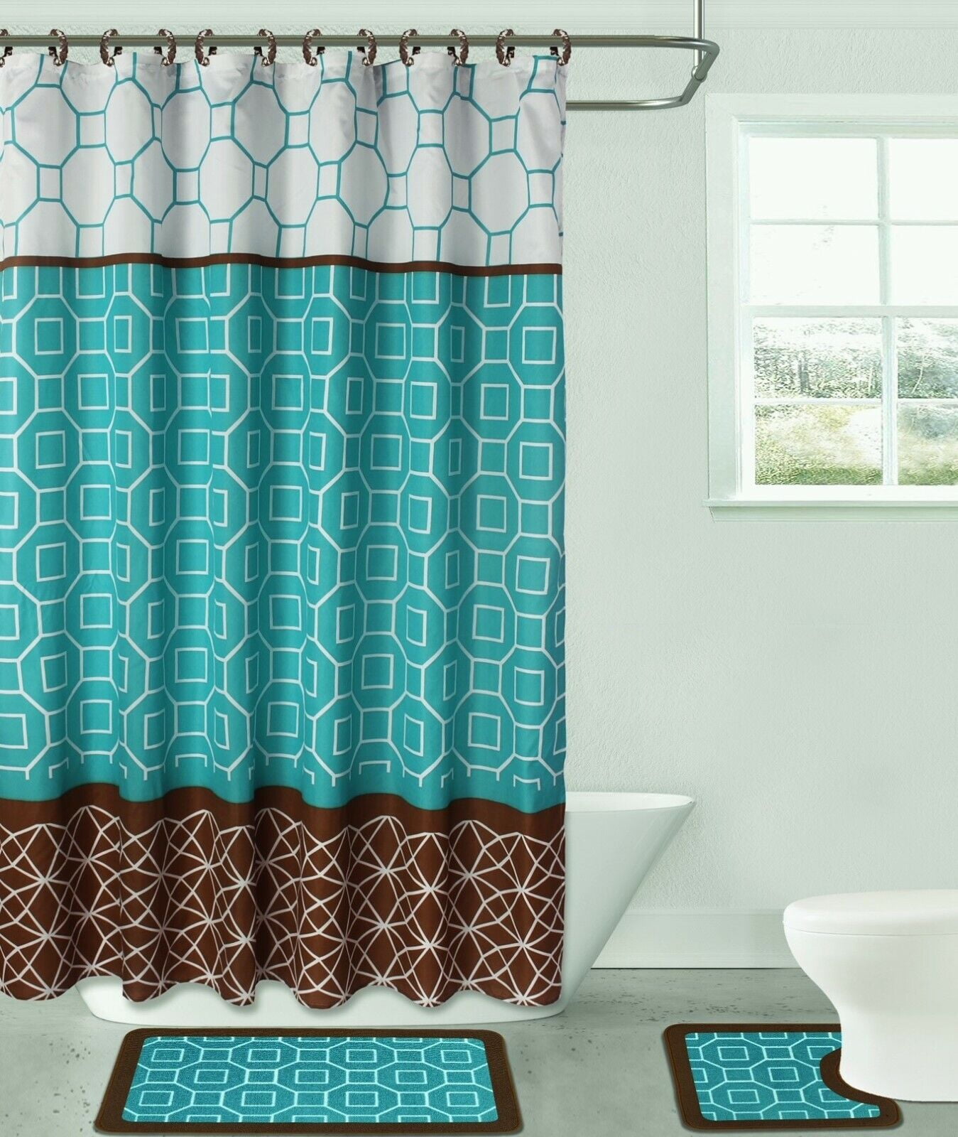 19 Piece Bathroom Set 2 Rugs Mats Non Slip 1 Fabric Shower Curtain 12 Fabric Rings 4 Piece Ceramic Accesories Different Styles And Colors For Home Bath Decor Diamond Brown Teal