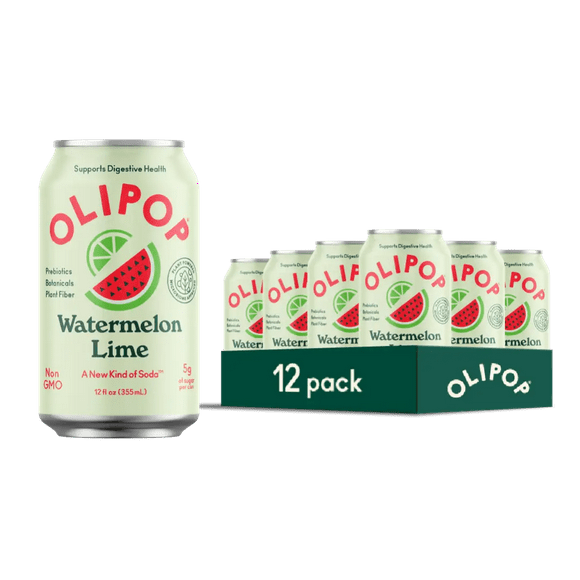 OLIPOP Prebiotic Soda, Watermelon Lime, 12 fl oz, 12 Pack
