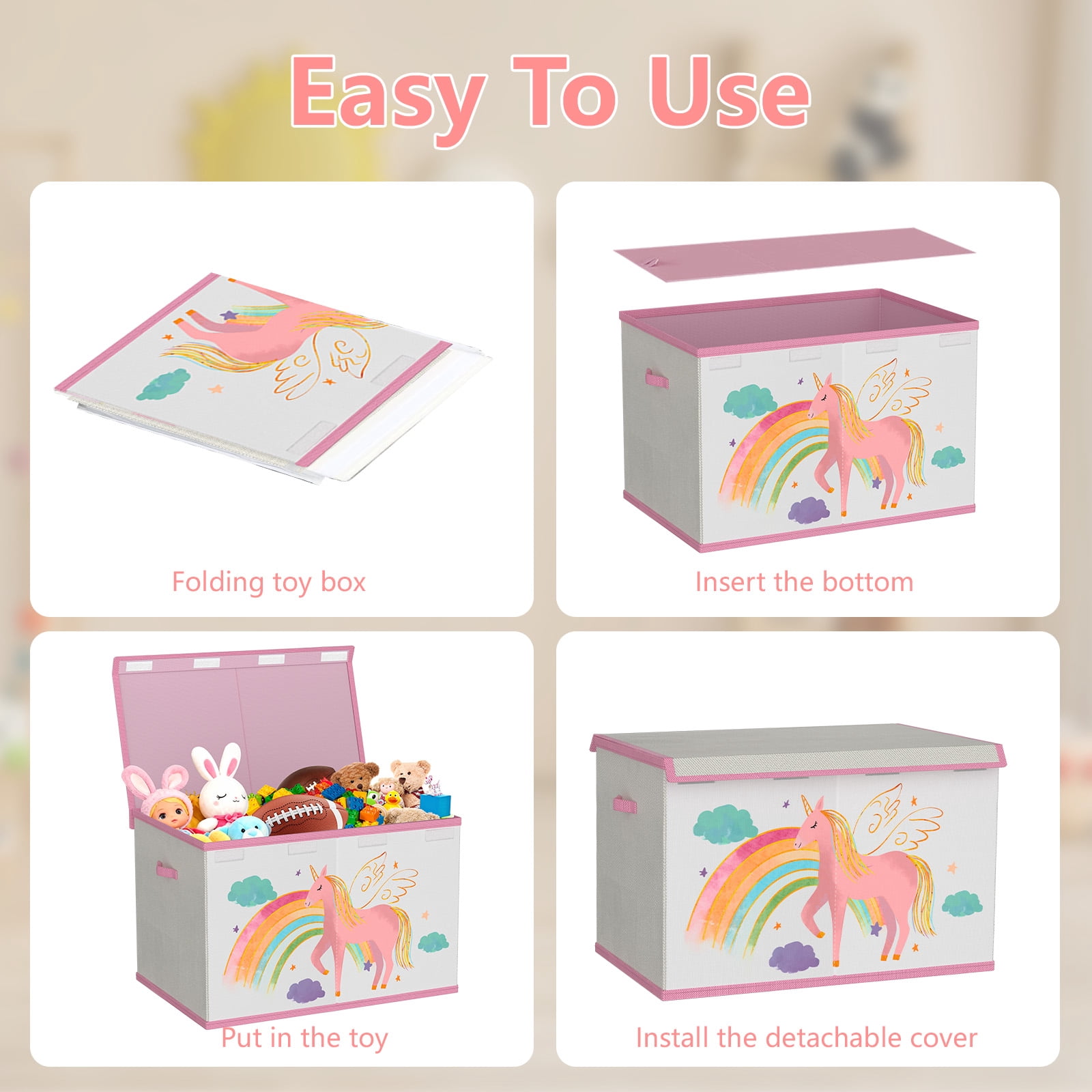 Toy Storage Box with Lids for Girls Boys - Fabric Large Kids Toy Chest Container, Foldable Basket Organizer with 2 handles for Toys, Books, Blankets, Clothes (Beige&Pink)