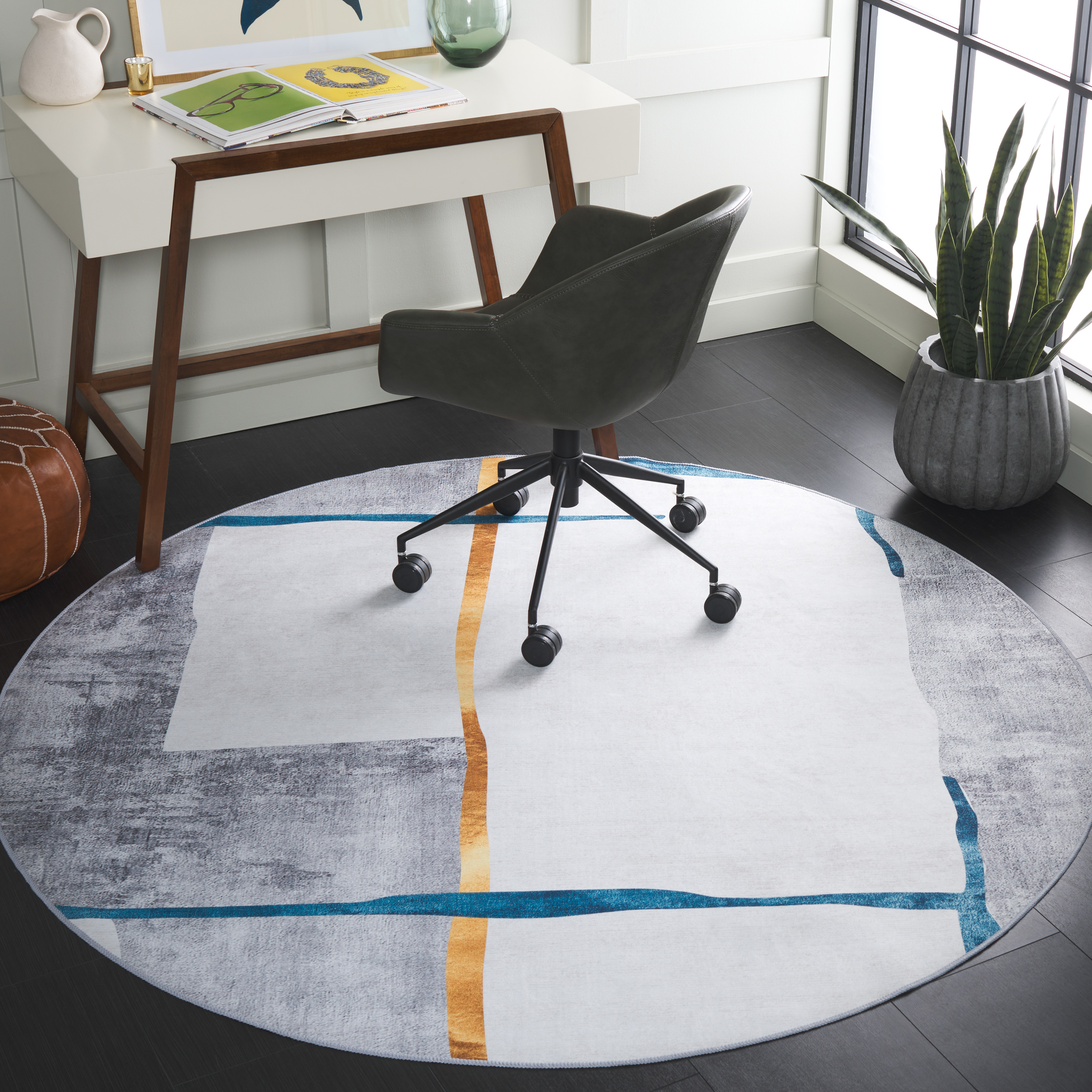 SAFAVIEH Malibu Calla Abstract Polyester Machine Washable Area Rug, Gray/Light Gray, 6' x 6' Round