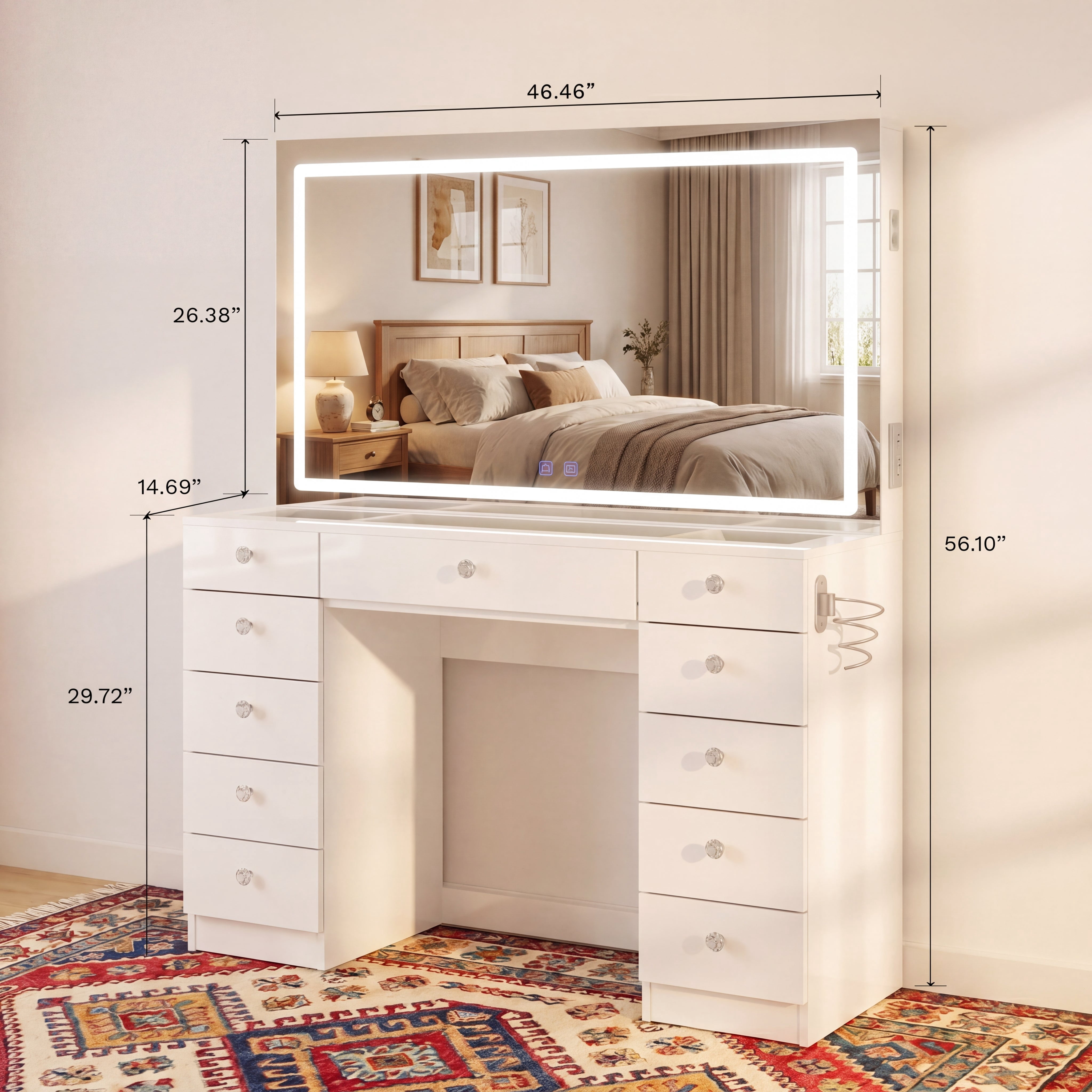 Boahaus Amelia Vanity Desk with Mirror and Lights – 11 Drawer Makeup Vanity Table with Storage, Power Outlet and Speakers