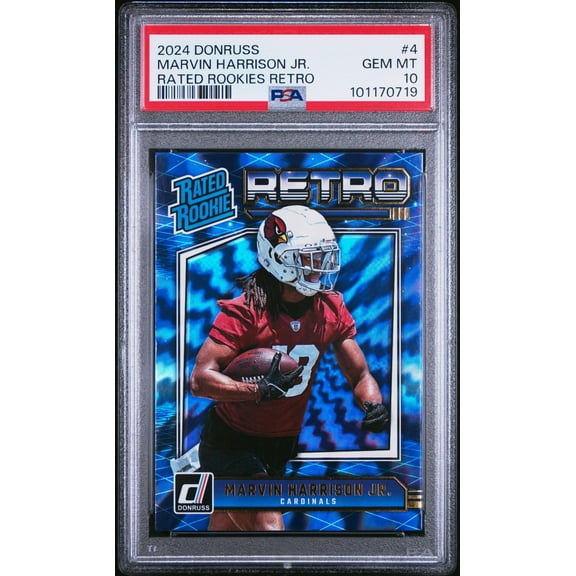 Graded 2024 Panini Donruss Marvin Harrison Jr #4 Rated Rookies Retro Rookie RC Football Card PSA 10 Gem Mint