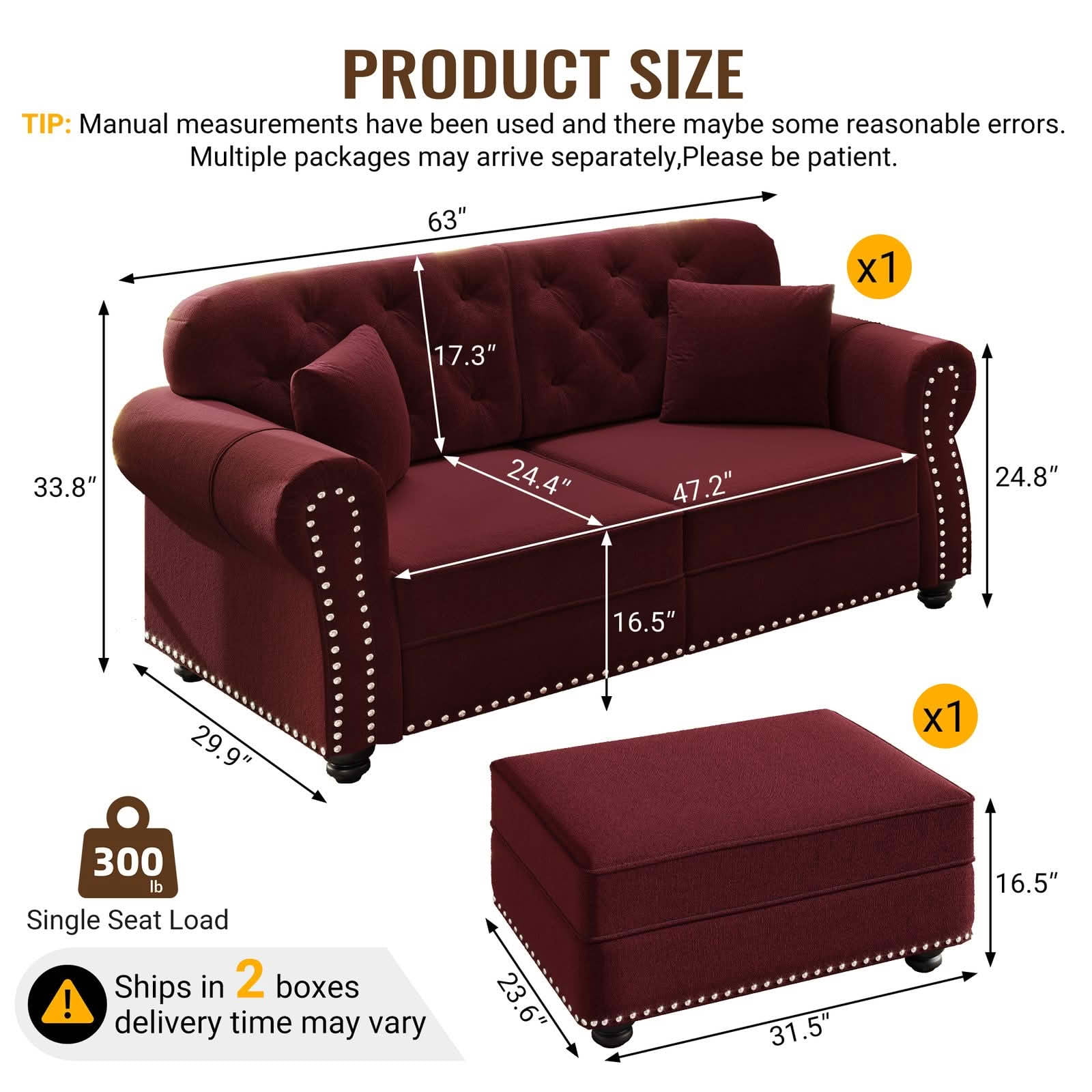 MAYEERTY 63 Inch Velvet Chesterfield Loveseat Set, Mid‑Century Modern Sofa with Button Tufting, Nailhead Trim, Rolled Armrests, 2 Pillows and Ottoman for Home Living Room
