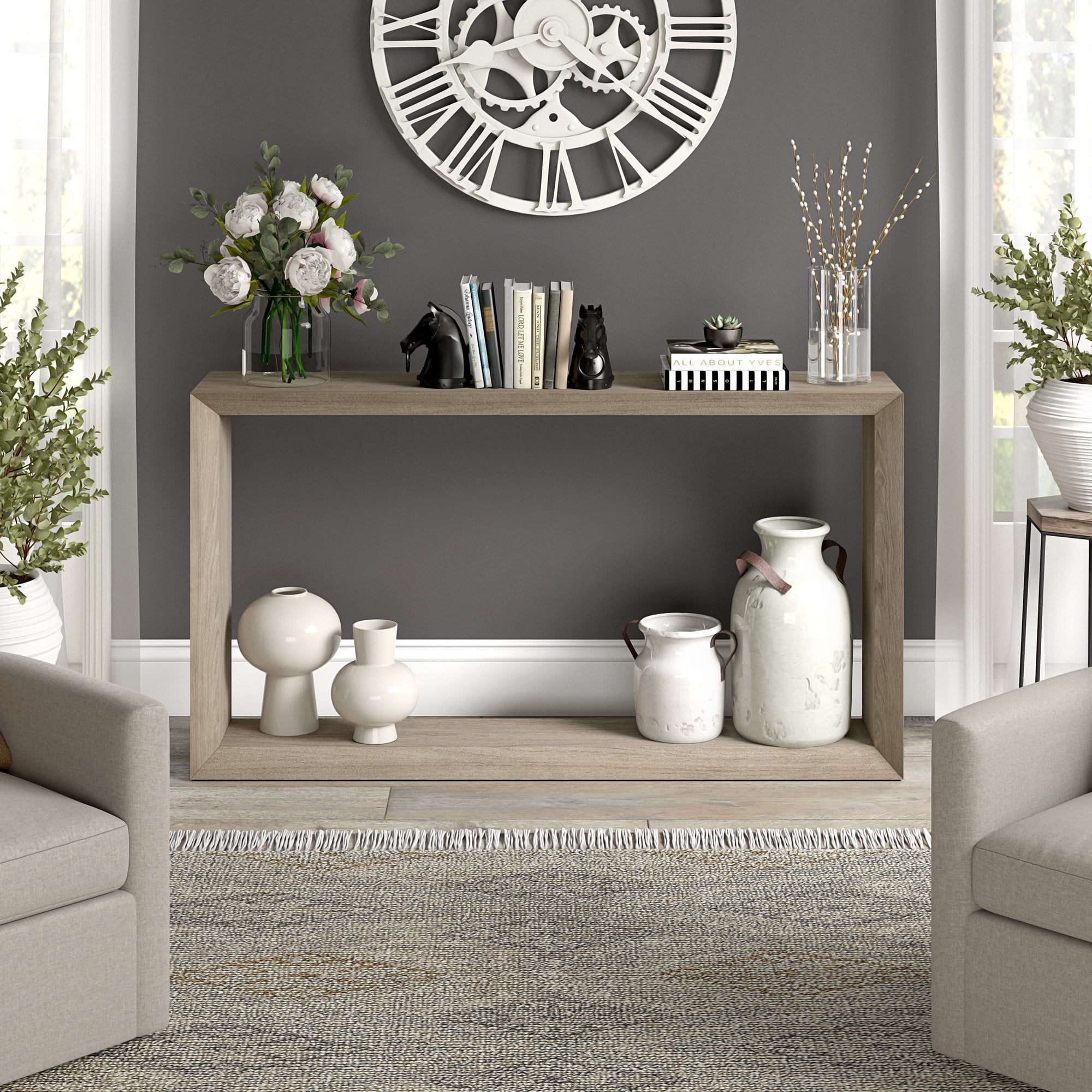 Evelyn&Zoe Osmond 55" Wide Rectangular Console Table, Antiqued Gray Oak