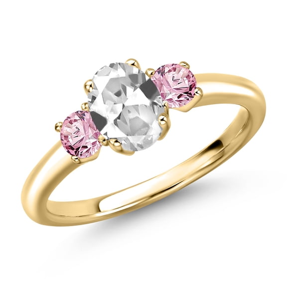Gem Stone King 10K Yellow Gold White Created Sapphire and Pink Lab Grown Diamond Engagement Ring for Women | 1.36 Cttw | Oval 7X5MM | Gemstone September Birthstone | Size 8