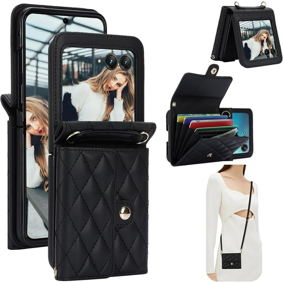 Crossbody Cover for Motorola Razr 2024 Wallet Case for Women, PU Leather Purse with Credit Card Slot Holder RFID Blocking Adjustable Lanyard Phone Case for Moto Razr 50 FQ Black