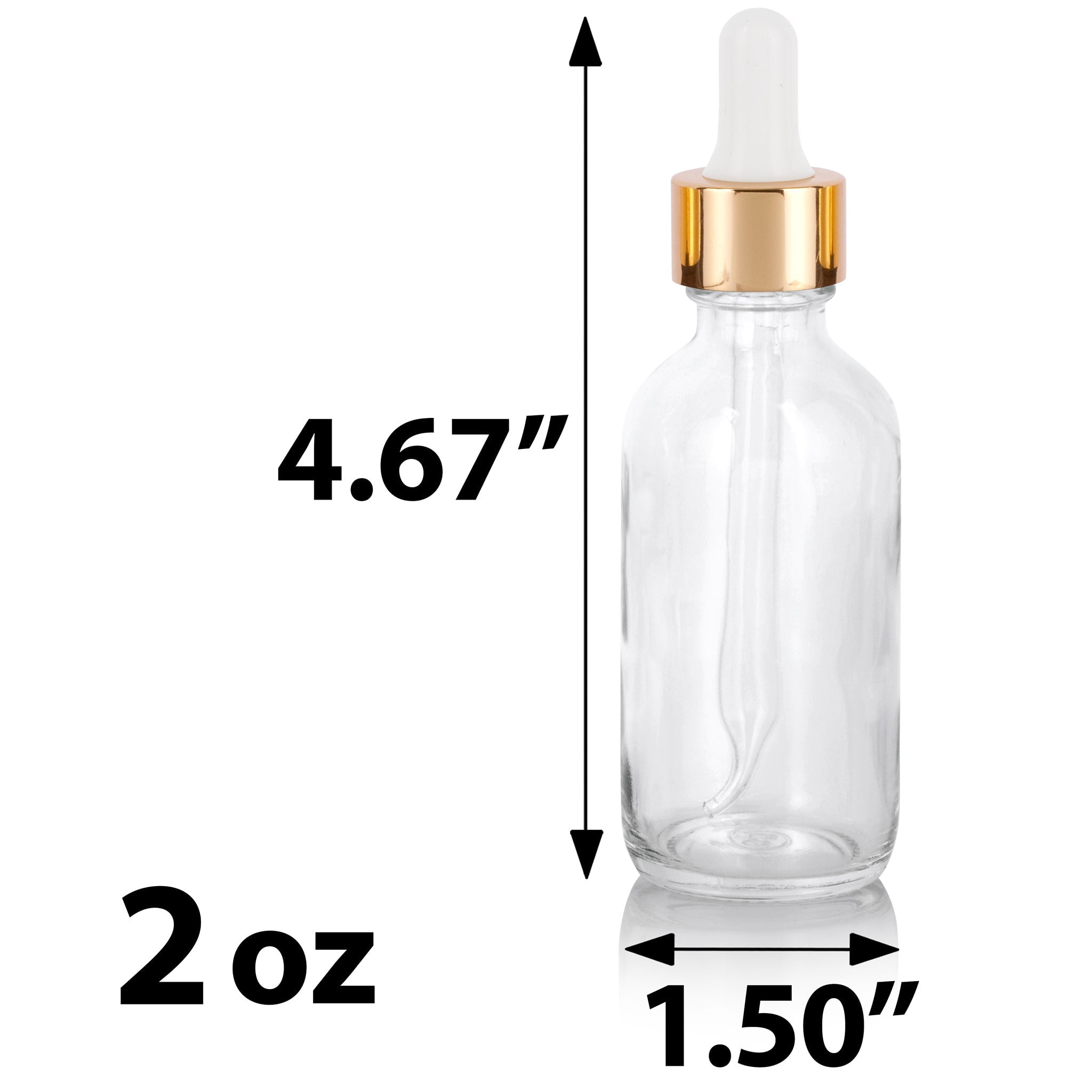 Clear Glass Boston Round Bottle with Gold Metal and Glass Dropper (12 Pack)