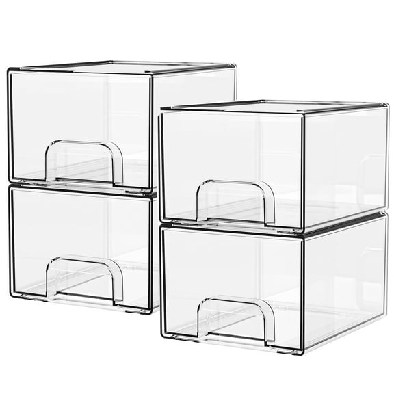 Kisportee 4 Pack Stackable Makeup Storage Drawers, 4.4'' Tall Clear Bathroom Makeup Cosmetics Organizer, Plastic Storage Bins for Vanity, Undersink, Kitchen Organization