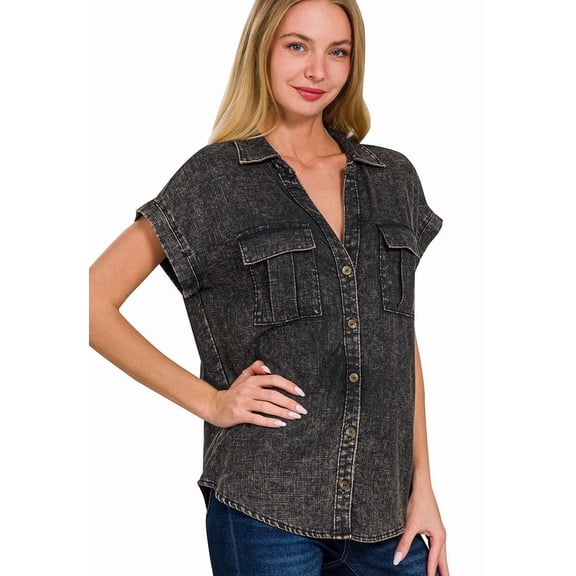 (Zenana Outfitters) WASHED LINEN BUTTON DOWN BATWING SLEEVE SHIRTS Black_S